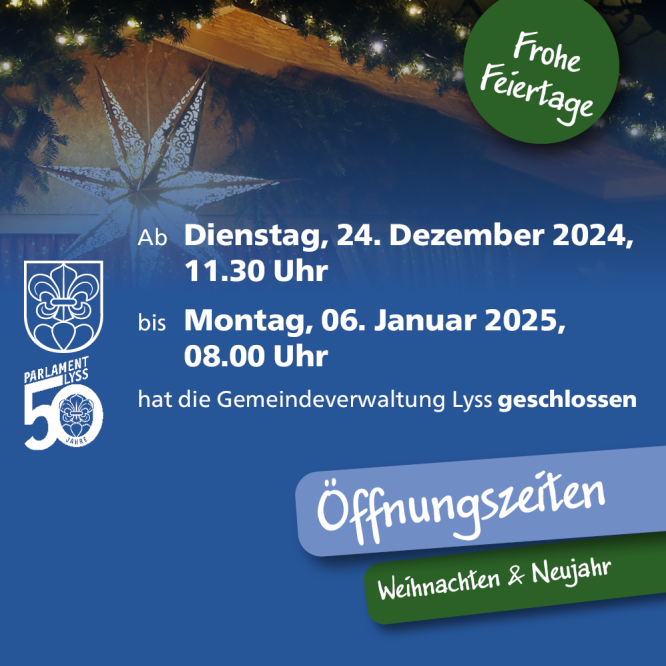 Öffnungszeiten Weihnachten und Neujahr 2024: Geschlossen vom 24. Dezember ab 11:30 Uhr bis 06. Januar 08:00 Uhr